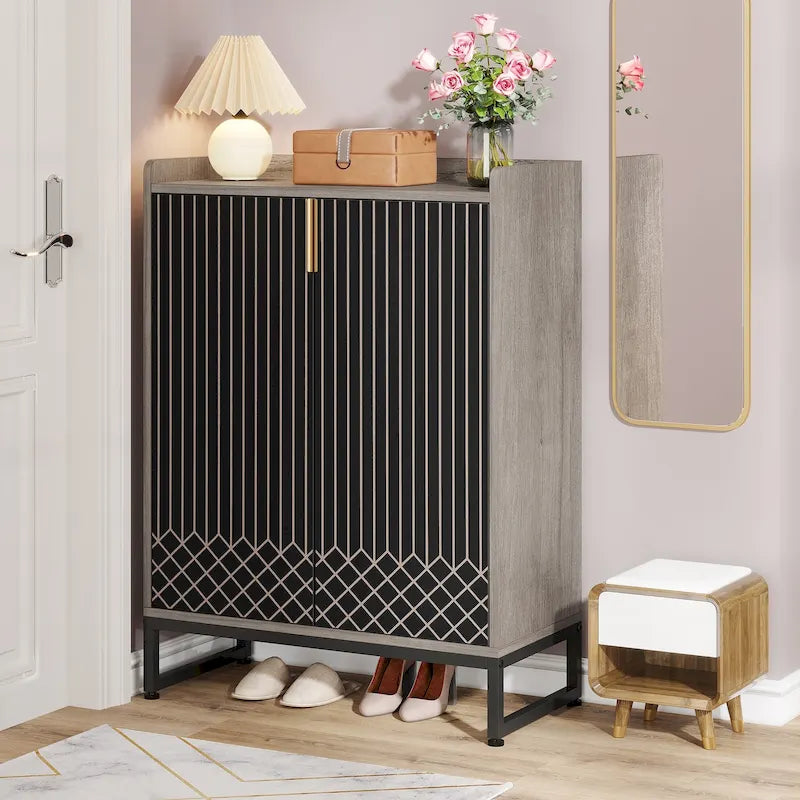 5 Tier Shoe Cabinet with Doors 25 Pairs White Wood Shoes Organizer