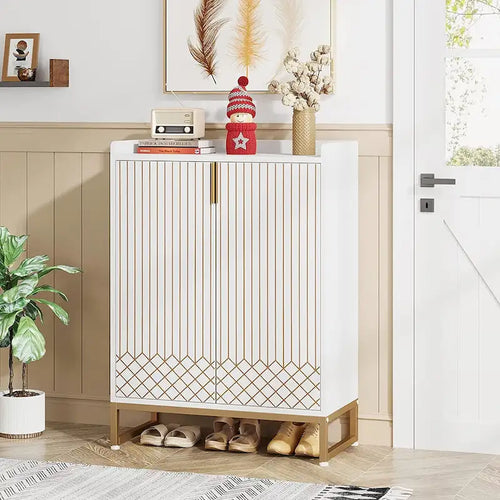 5 Tier Shoe Cabinet with Doors 25 Pairs White Wood Shoes Organizer