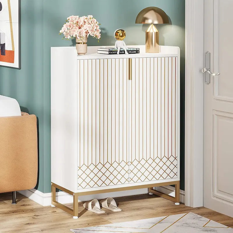 5 Tier Shoe Cabinet with Doors 25 Pairs White Wood Shoes Organizer