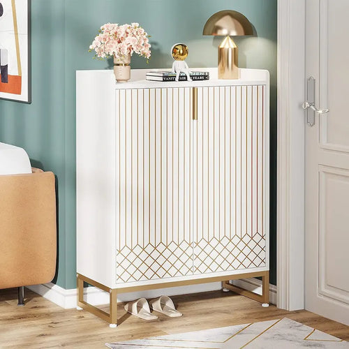 5 Tier Shoe Cabinet with Doors 25 Pairs White Wood Shoes Organizer