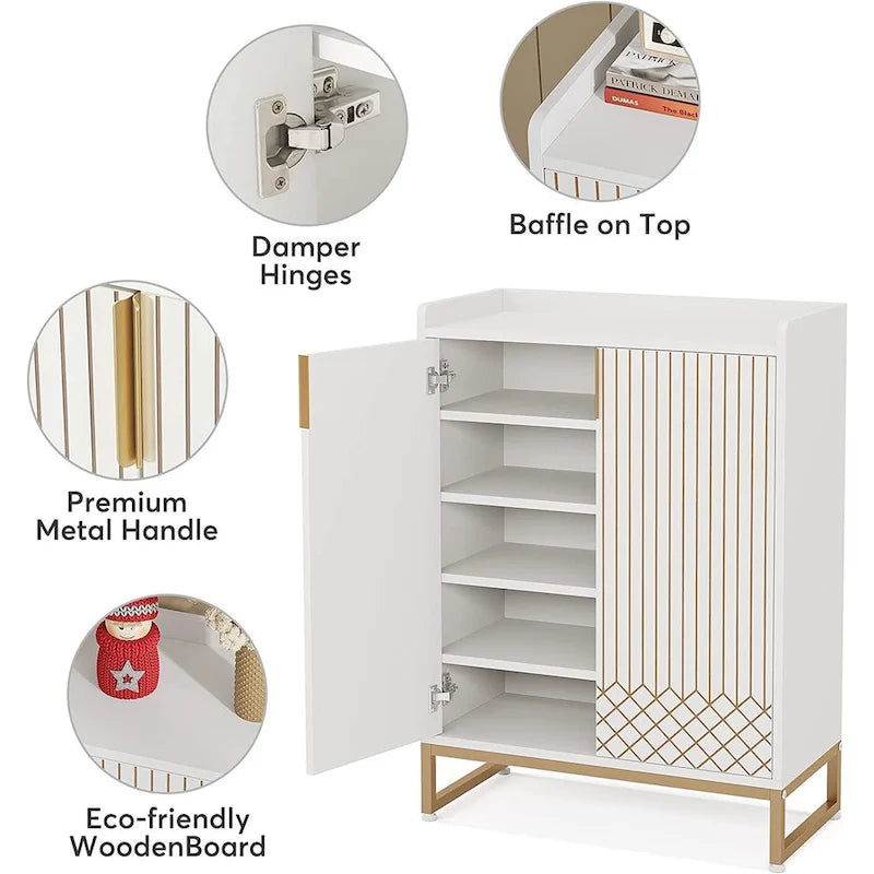 5 Tier Shoe Cabinet with Doors 25 Pairs White Wood Shoes Organizer