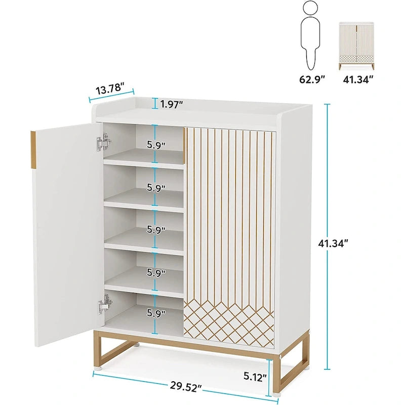 5 Tier Shoe Cabinet with Doors 25 Pairs White Wood Shoes Organizer