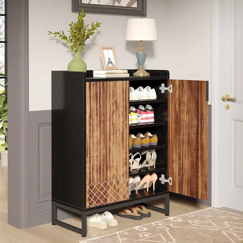 5 Tier Shoe Cabinet with Doors 25 Pairs White Wood Shoes Organizer