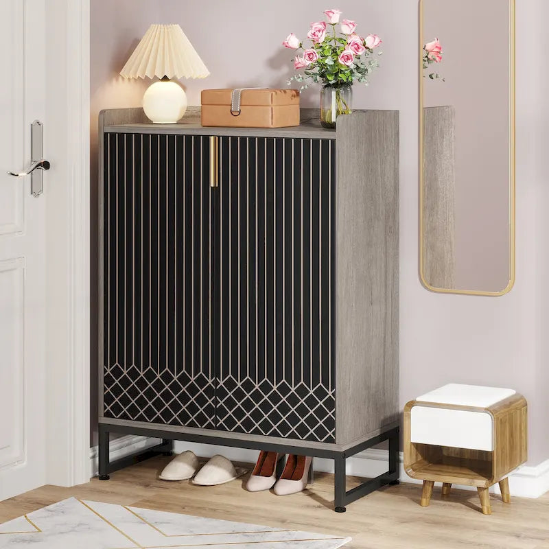 5 Tier Shoe Cabinet with Doors 25 Pairs White Wood Shoes Organizer