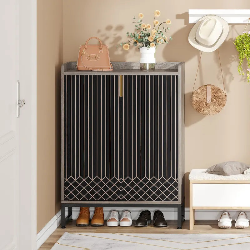 5 Tier Shoe Cabinet with Doors 25 Pairs White Wood Shoes Organizer