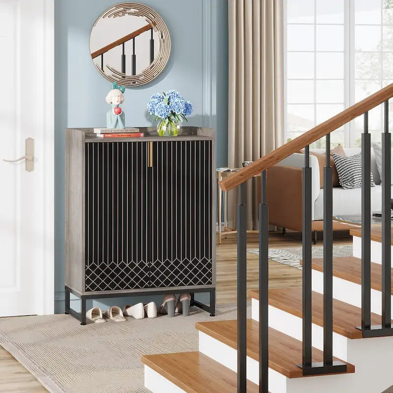 5 Tier Shoe Cabinet with Doors 25 Pairs White Wood Shoes Organizer