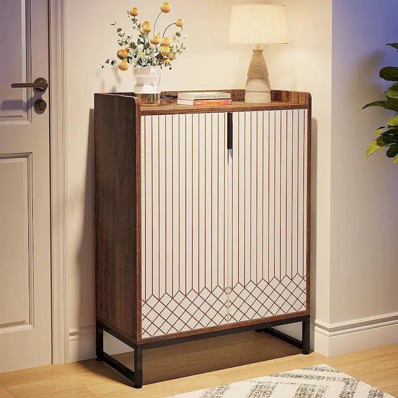 5 Tier Shoe Cabinet with Doors 25 Pairs White Wood Shoes Organizer