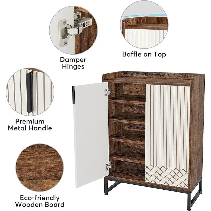 5 Tier Shoe Cabinet with Doors 25 Pairs White Wood Shoes Organizer