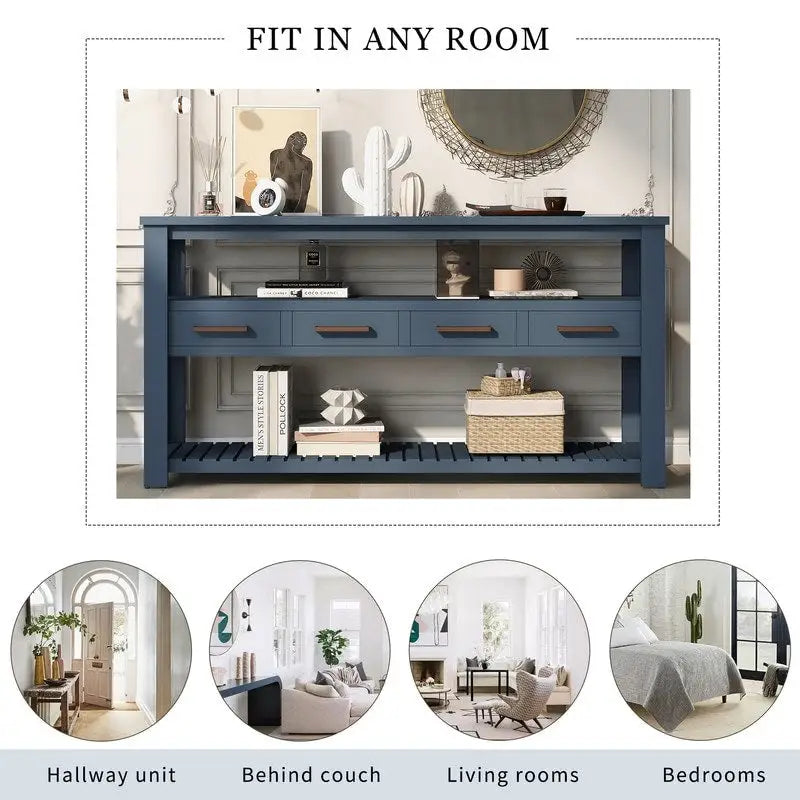 Long Entryway Console Sofa Table with Drawers, Farmhouse Wood Sofa Tables Console Table with 4 Drawers and 2 Shelves