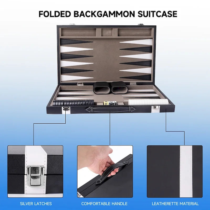 GSE 22 Premium Leather Backgammon Board Game Set, Portable Folding Backgammon Board Game with Game Pieces - Large