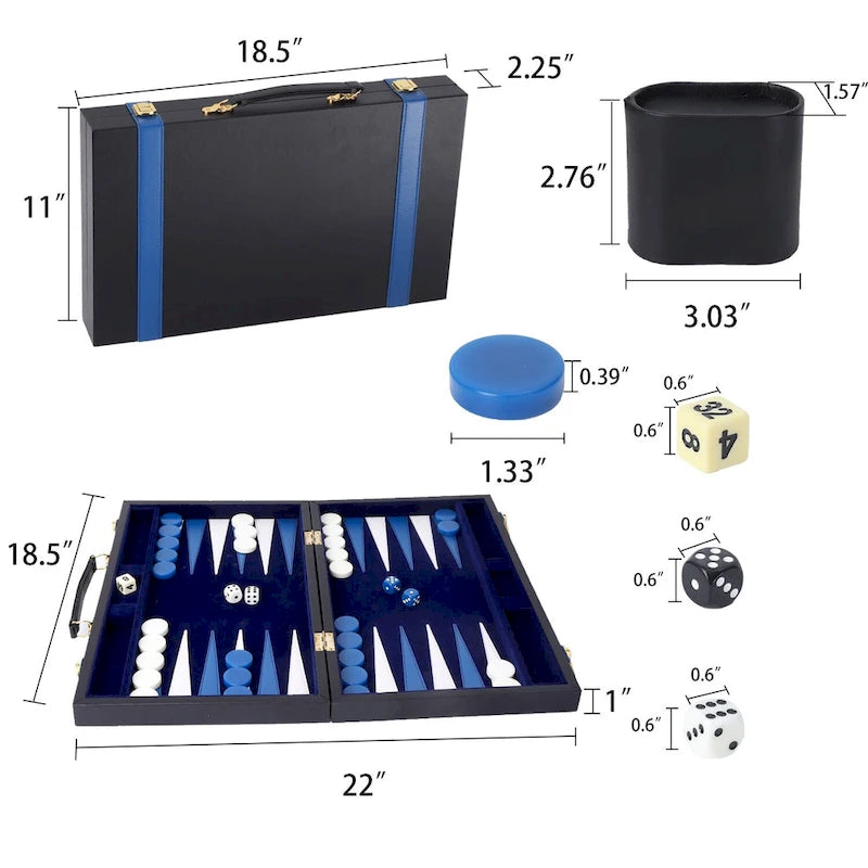 GSE 22 Premium Leather Backgammon Board Game Set, Portable Folding Backgammon Board Game with Game Pieces - Large