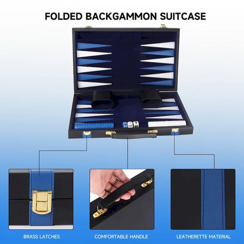 GSE 22 Premium Leather Backgammon Board Game Set, Portable Folding Backgammon Board Game with Game Pieces - Large