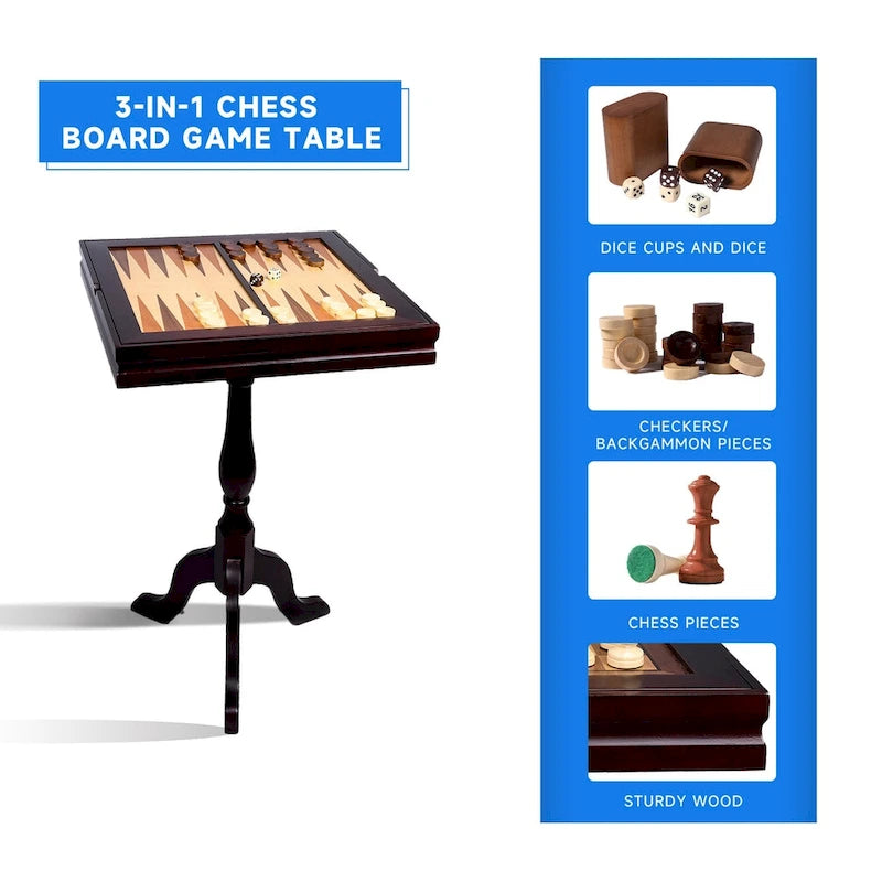 GSE Wooden 3-in-1 Chess Checkers Backgammon Table, Backgammon Chess Checkers Combo Game Set