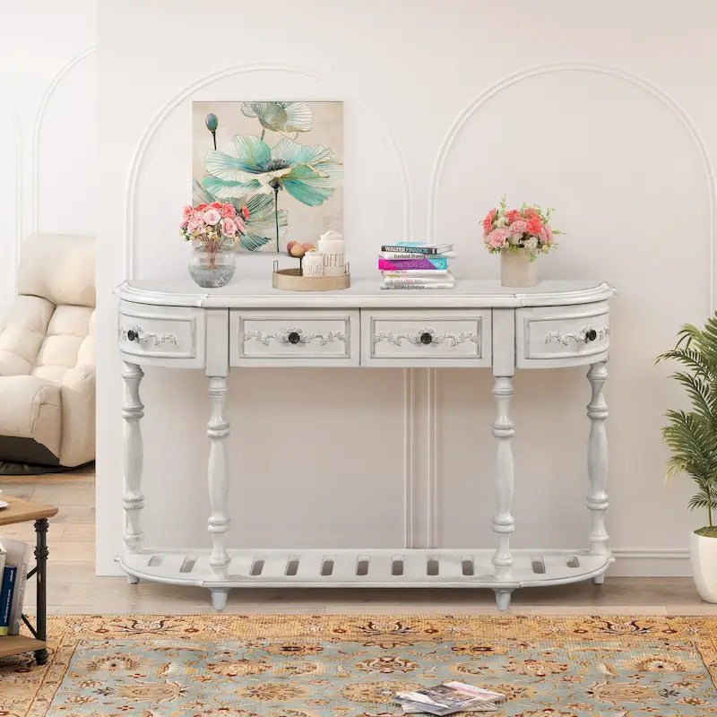 52 Modern and Contemporary Curved Console Table Sofa Table Entryway Table for Hallway Living Room with 4 Drawers and 1 Shelf