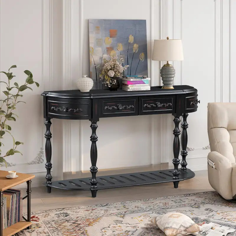 52 Modern and Contemporary Curved Console Table Sofa Table Entryway Table for Hallway Living Room with 4 Drawers and 1 Shelf