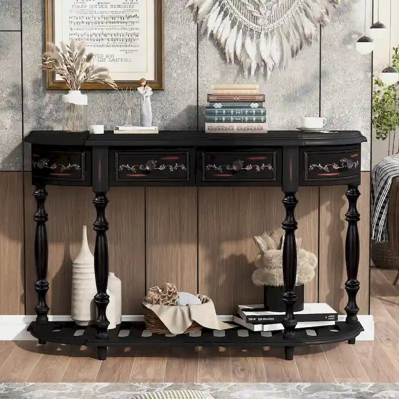 52 Modern and Contemporary Curved Console Table Sofa Table Entryway Table for Hallway Living Room with 4 Drawers and 1 Shelf