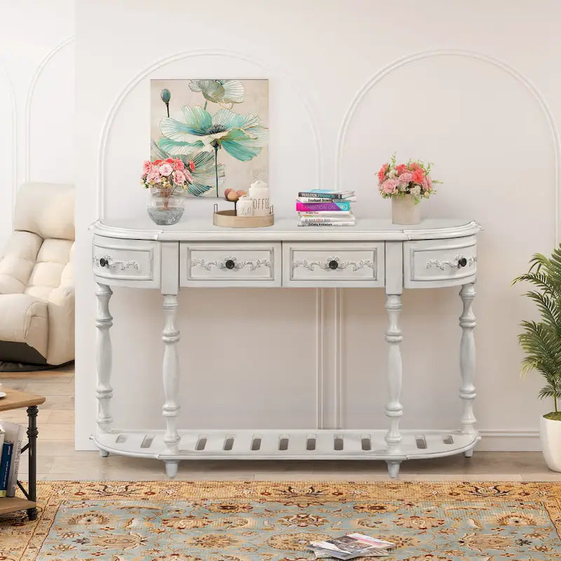 52 Modern and Contemporary Curved Console Table Sofa Table Entryway Table for Hallway Living Room with 4 Drawers and 1 Shelf