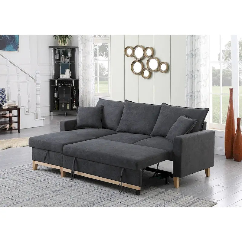 Woven Reversible Sleeper Sectional Sofa with Storage Chaise, Dark Gray