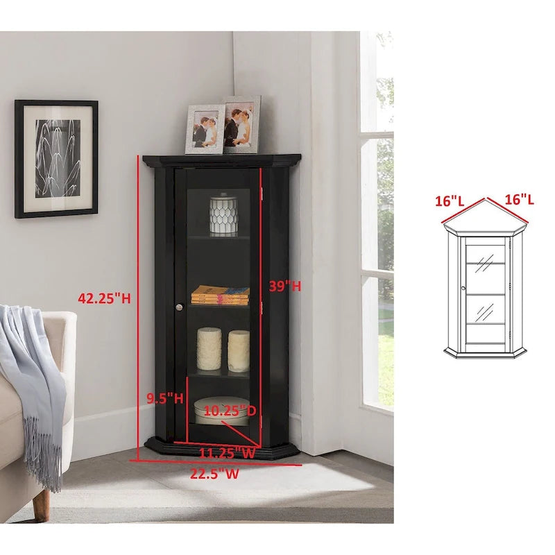 Corner Curio Storage Cabinet with Glass Door, Black Finish