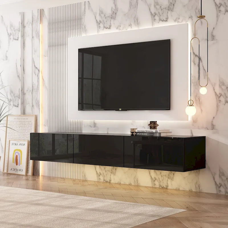 63 Floating Entertainment Center, Wall Mount LED TV Stand High Gloss