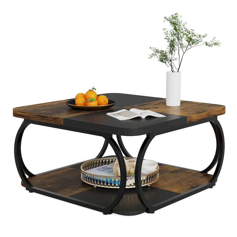 39 Inche 2-Tier Square Coffee Table with Metal Frame for Living Room