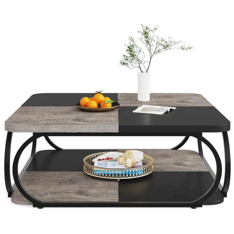 39 Inche 2-Tier Square Coffee Table with Metal Frame for Living Room