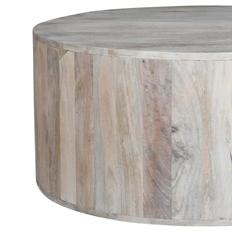 36 Inch Coffee Table, Handcrafted Drum Shape, Washed White Mango Wood