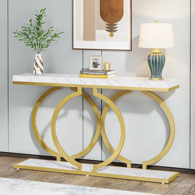 Gold Console Table, 55 inch Faux Marble Entryway Table Narrow Long Sofa Table