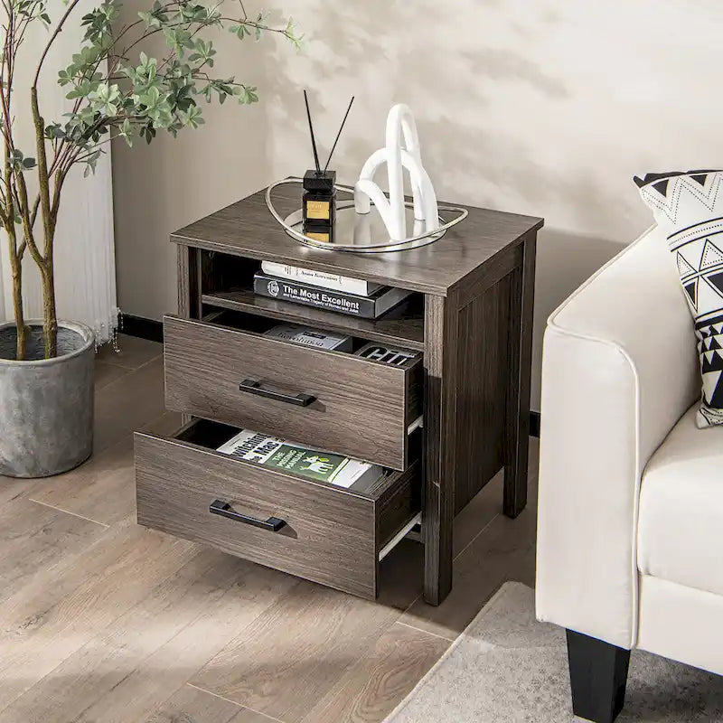 Costway Nightstand Drawers Rustic Side End Table Storage Compartment - 21.5 x 17 x 23