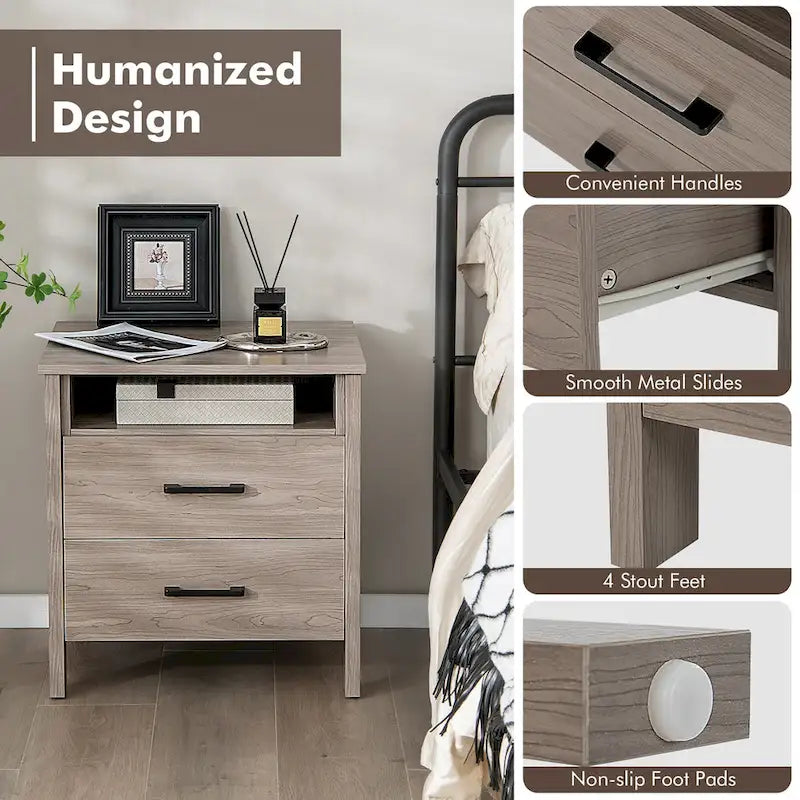 Costway Nightstand Drawers Rustic Side End Table Storage Compartment - 21.5 x 17 x 23