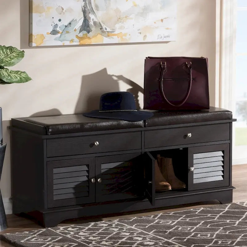 Leo Modern and Contemporary Dark Brown Wood 2-Drawer Shoe Storage Bench - 20.67 High x 47.44 Wide x 15.65 Deep
