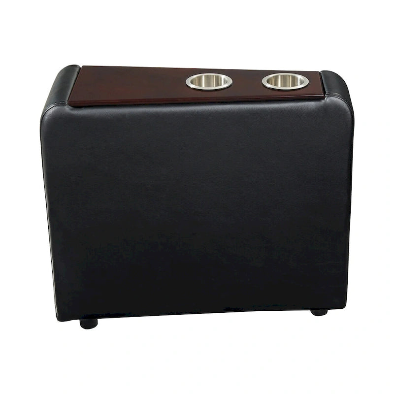 Leatherette Console with 2 Removable Metal Cup Holders, Black and Silver - 25 H x 9.5 W x 28.75 L Inches