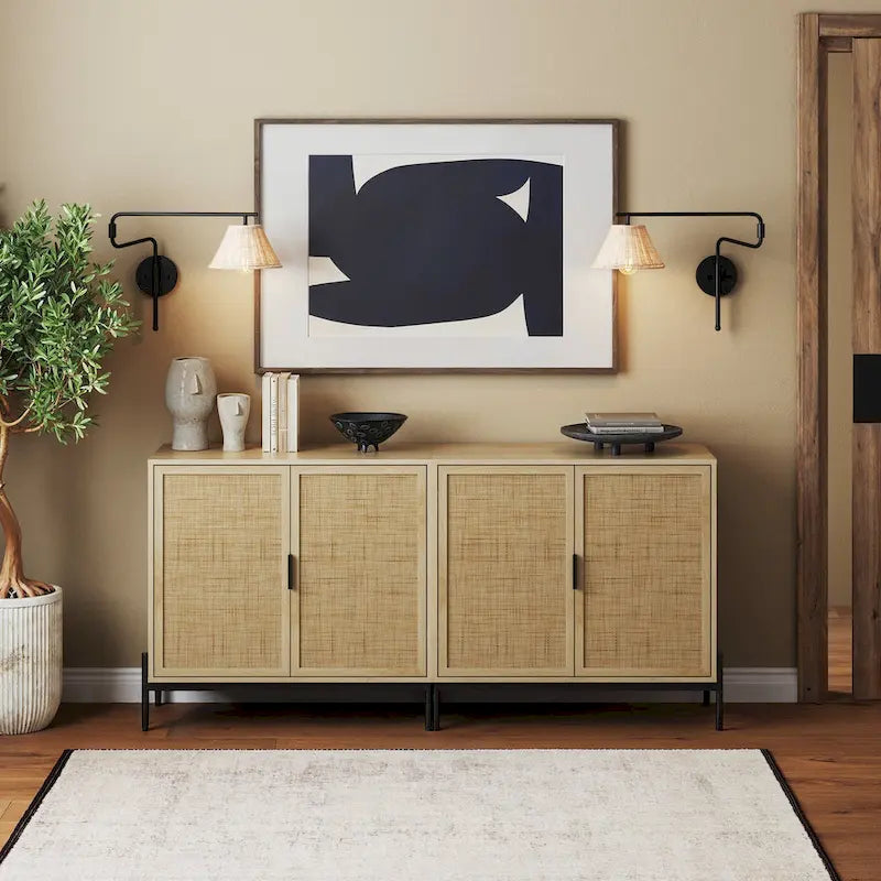 Andrew Bohemian Entryway Storage Cabinet or Kitchen Sideboard Credenza, TV Stand or Rattan Accent Cabinet with Metal Legs