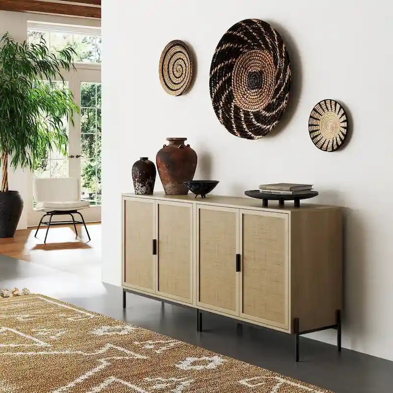 Andrew Bohemian Entryway Storage Cabinet or Kitchen Sideboard Credenza, TV Stand or Rattan Accent Cabinet with Metal Legs