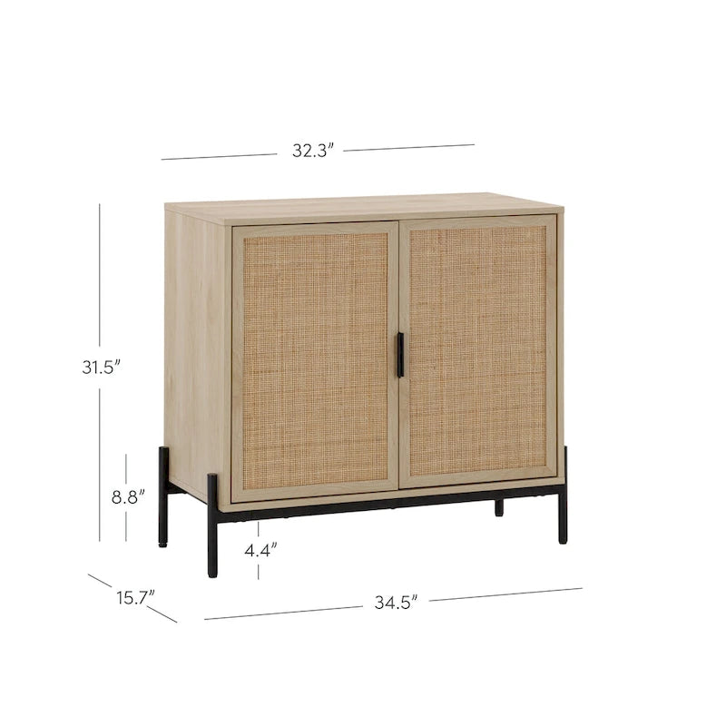 Andrew Bohemian Entryway Storage Cabinet or Kitchen Sideboard Credenza, TV Stand or Rattan Accent Cabinet with Metal Legs
