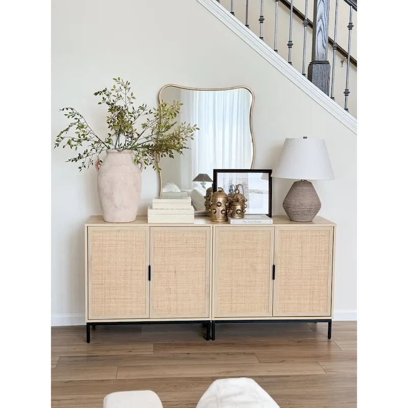 Andrew Bohemian Entryway Storage Cabinet or Kitchen Sideboard Credenza, TV Stand or Rattan Accent Cabinet with Metal Legs