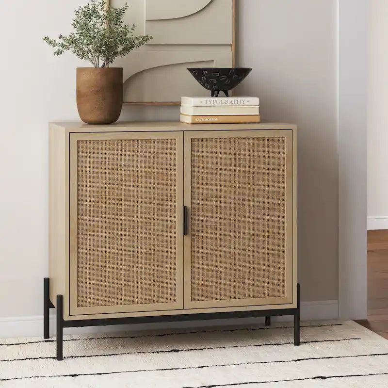 Andrew Bohemian Entryway Storage Cabinet or Kitchen Sideboard Credenza, TV Stand or Rattan Accent Cabinet with Metal Legs