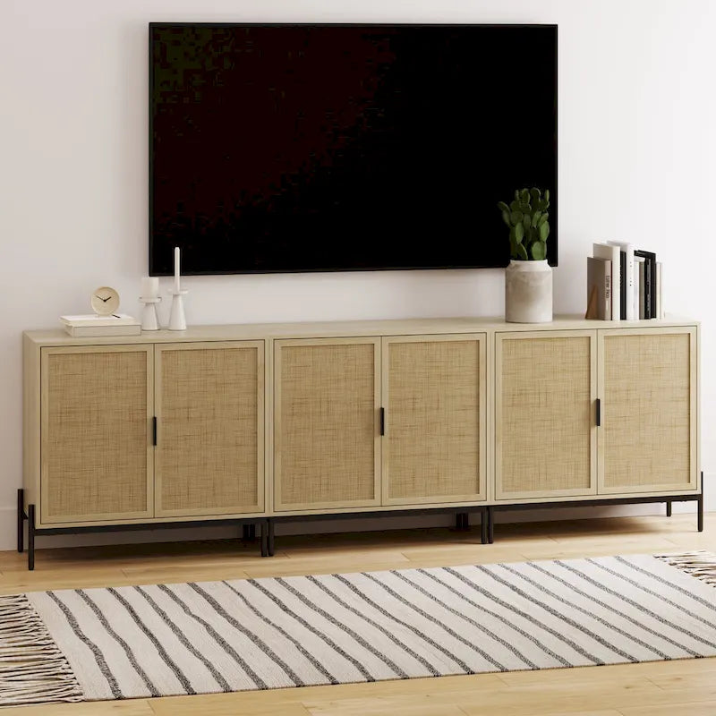 Andrew Bohemian Entryway Storage Cabinet or Kitchen Sideboard Credenza, TV Stand or Rattan Accent Cabinet with Metal Legs