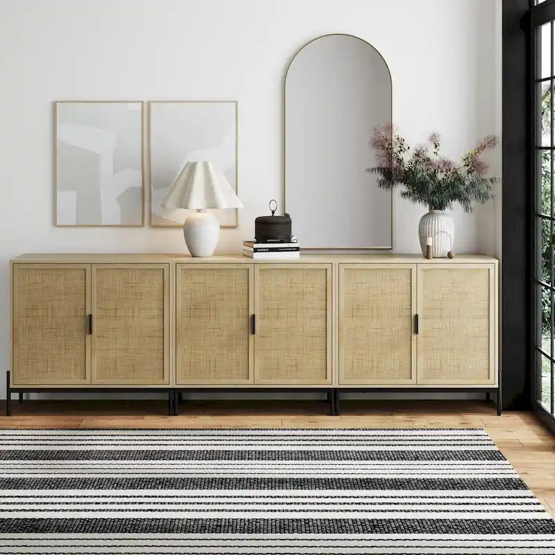 Andrew Bohemian Entryway Storage Cabinet or Kitchen Sideboard Credenza, TV Stand or Rattan Accent Cabinet with Metal Legs