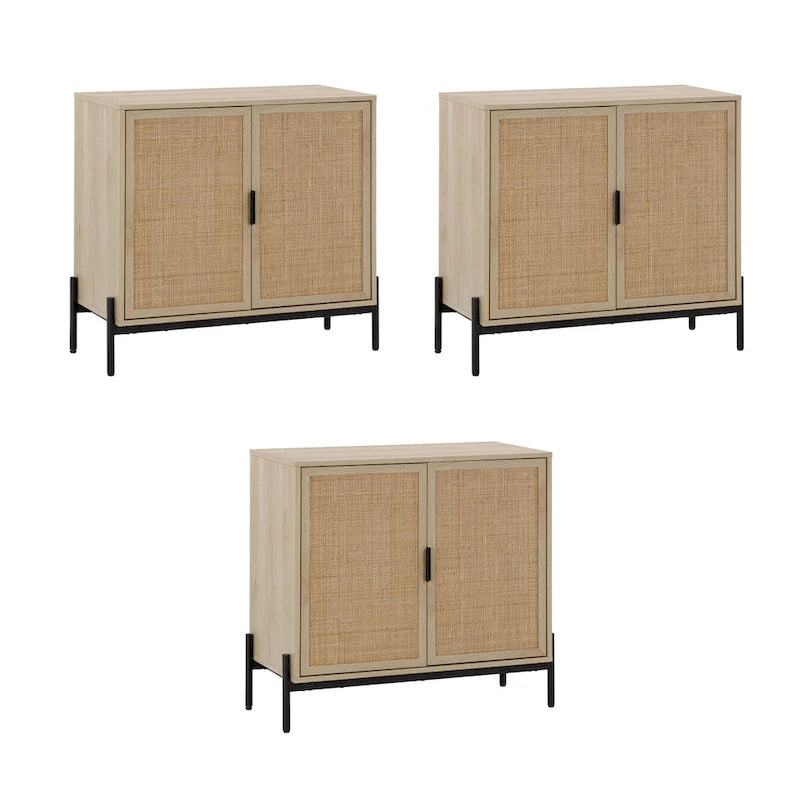 Andrew Bohemian Entryway Storage Cabinet or Kitchen Sideboard Credenza, TV Stand or Rattan Accent Cabinet with Metal Legs