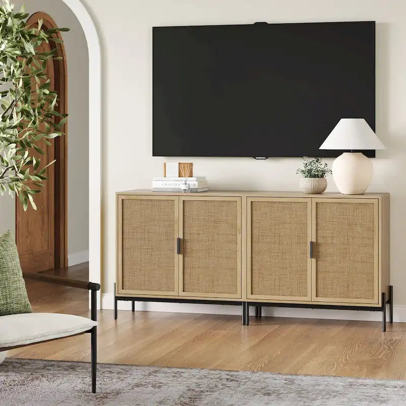 Andrew Bohemian Entryway Storage Cabinet or Kitchen Sideboard Credenza, TV Stand or Rattan Accent Cabinet with Metal Legs