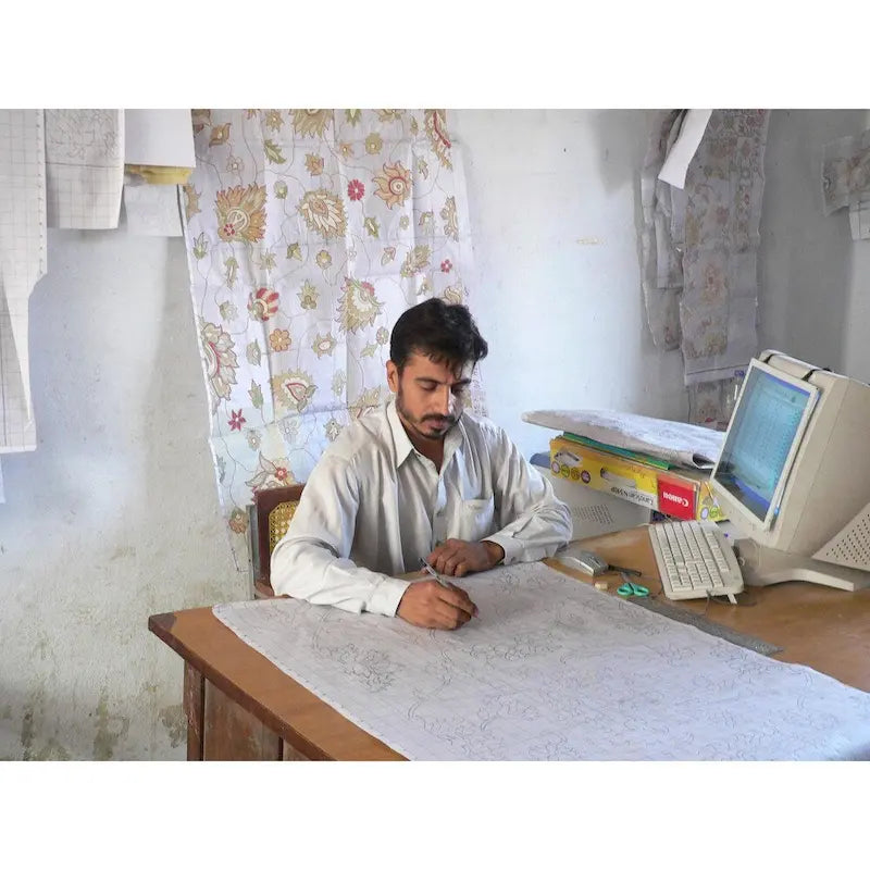 Handmade Printed-Cotton Wood Ottoman Footstool (India) - 16 x 16 x 6