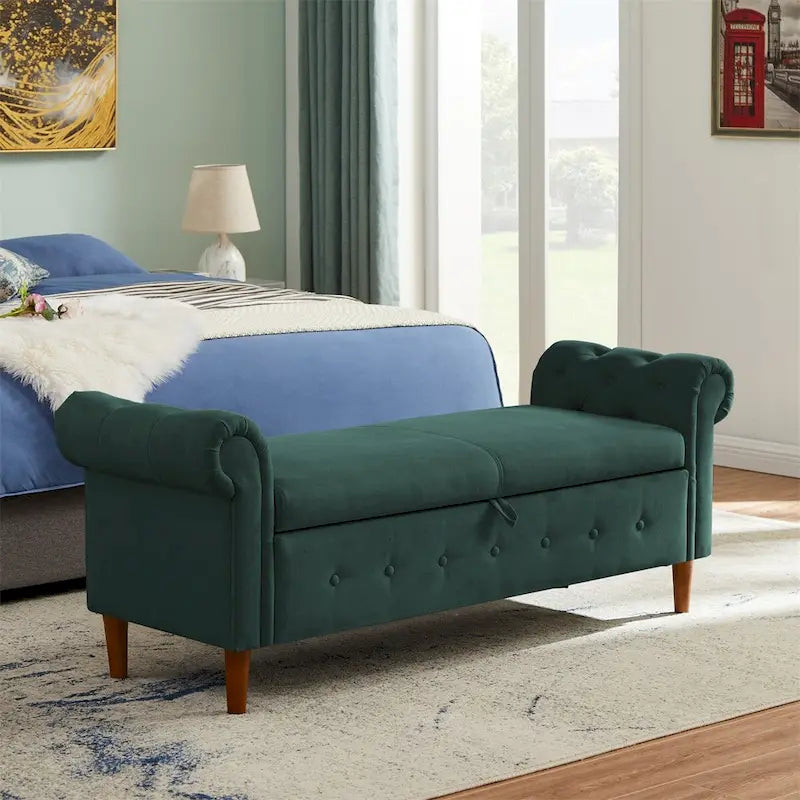 Storage Bench for Bedroom End of Bed Rolled Armed Velvet Ottoman Couch Long Bench