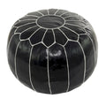 Leather Floral Moroccan Pouf with White Stitching - Black or Light Brown - Roche River Decor