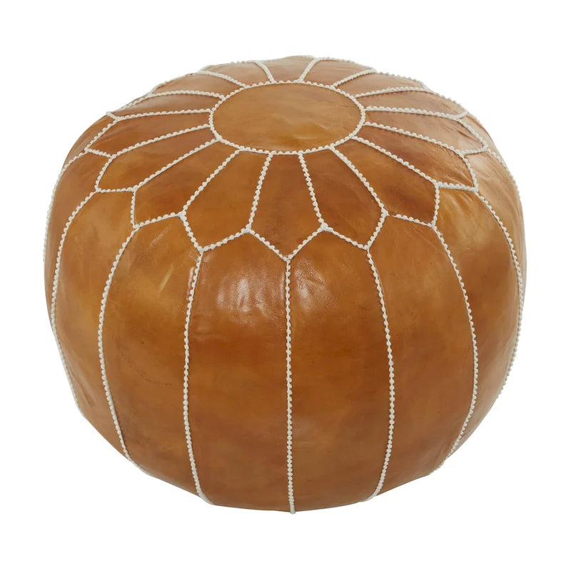 Leather Floral Moroccan Pouf with White Stitching - Black or Light Brown - Roche River Decor