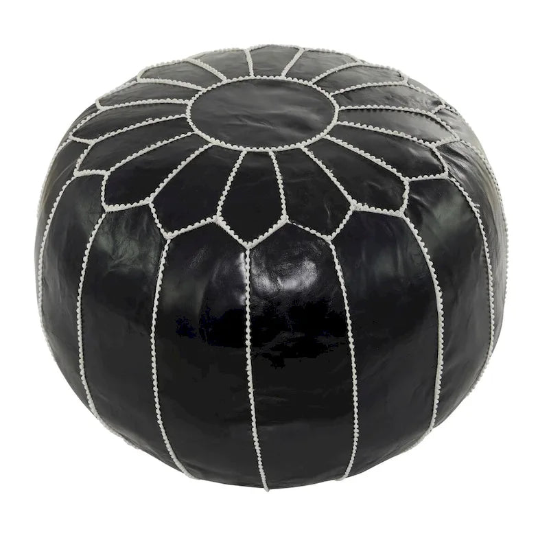 Leather Floral Moroccan Pouf with White Stitching - Black or Light Brown - Roche River Decor