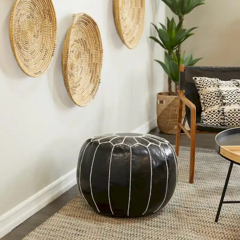 Leather Floral Moroccan Pouf with White Stitching - Black or Light Brown - Roche River Decor