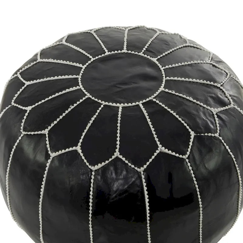 Leather Floral Moroccan Pouf with White Stitching - Black or Light Brown - Roche River Decor