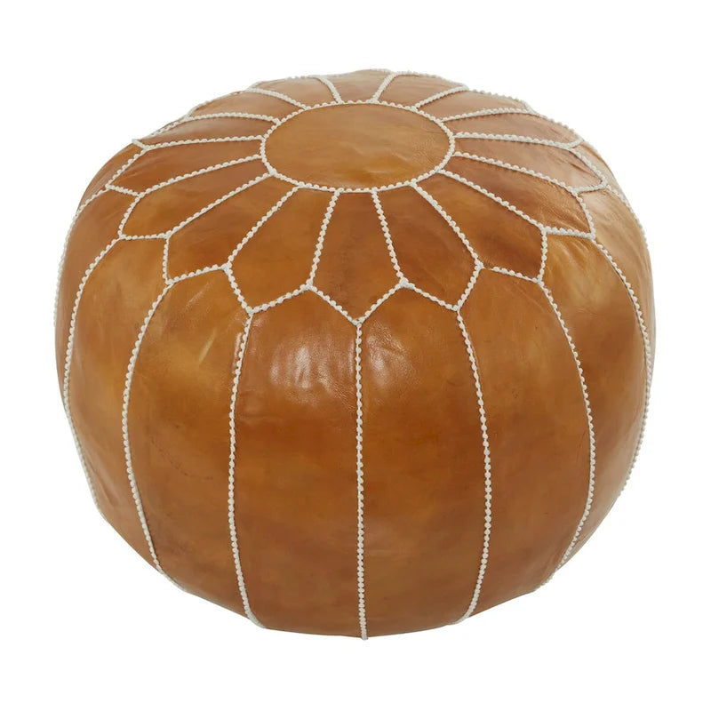 Leather Floral Moroccan Pouf with White Stitching - Black or Light Brown - Roche River Decor