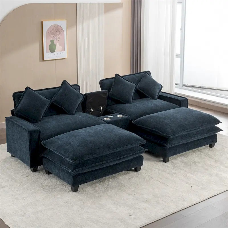 112.6 Chenille Upholstered Sectional Sofa with 2 Removable Ottoman
